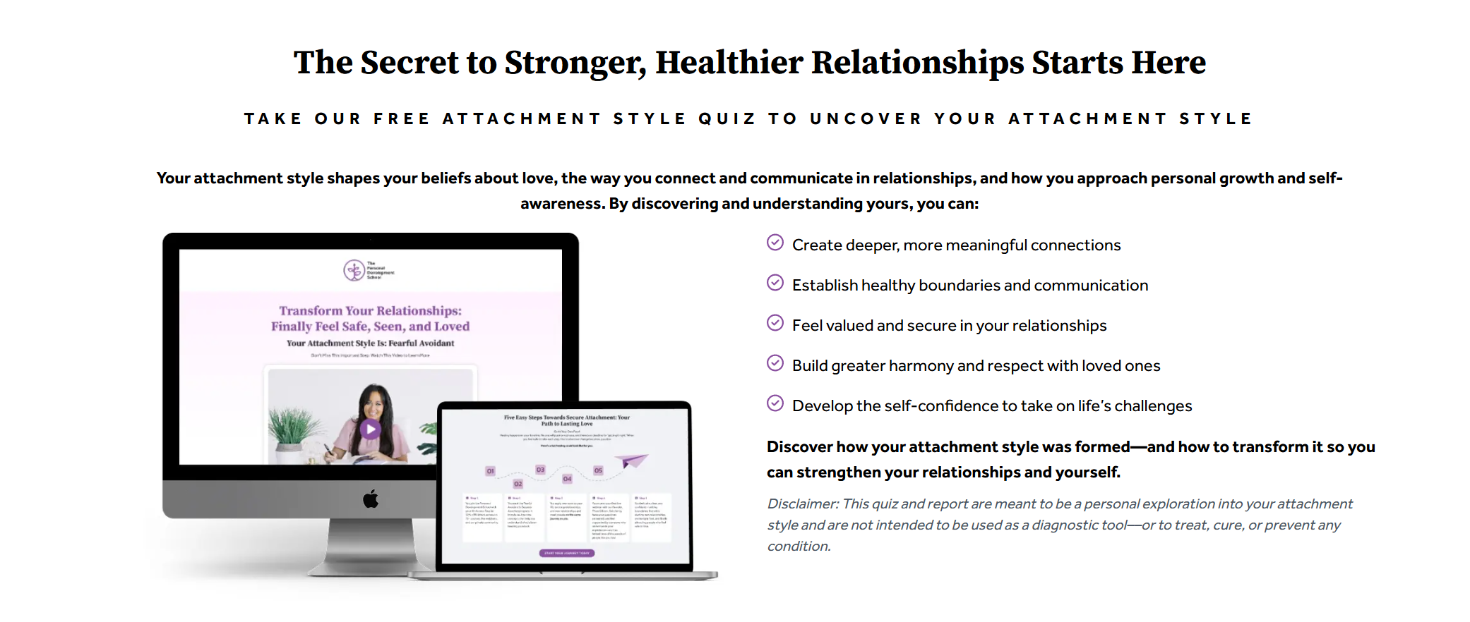 Personal Development School free attachment style quiz landing page with device mockups
