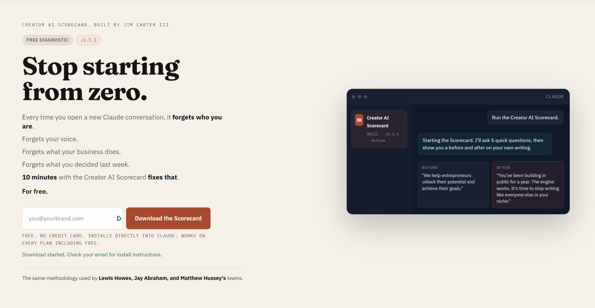 Jim Carter III's Creator AI Scorecard landing page with a Claude before-and-after writing demo