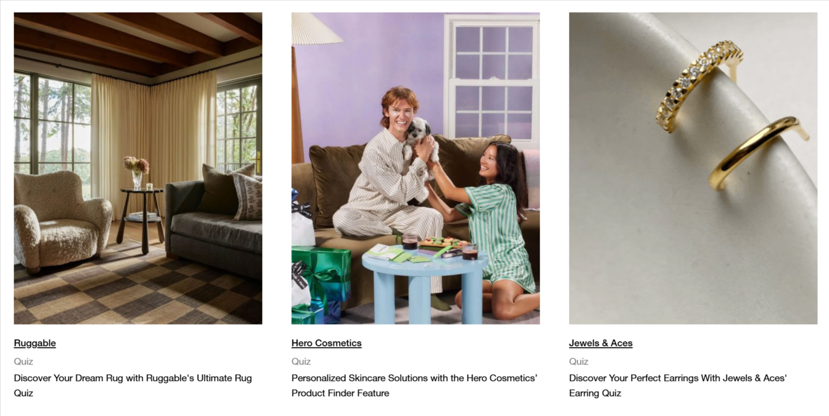 DTC Patterns collection of ecommerce quizzes from Ruggable, Hero Cosmetics and Jewels & Aces