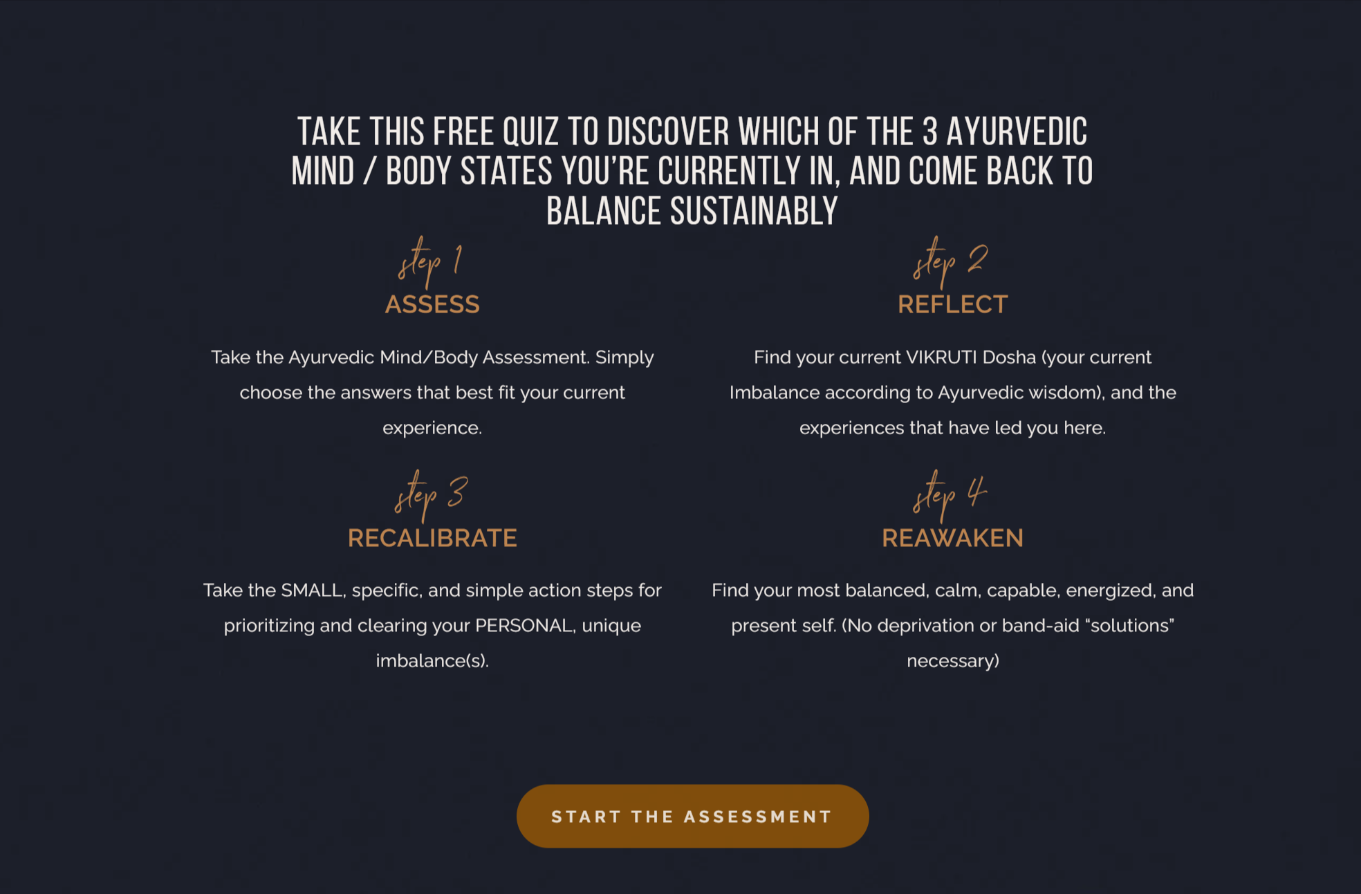 The Habit's Ayurvedic Mind/Body State quiz with a four-step assess, reflect, recalibrate and reawaken process